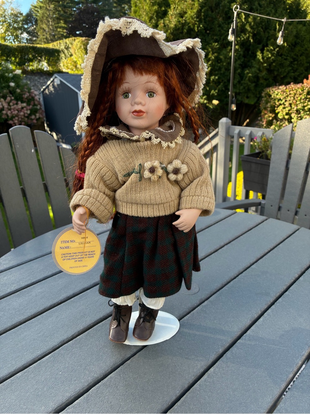 Emerald Vintage-Style porcelain face Doll in Cream Sweater & Brown Hat